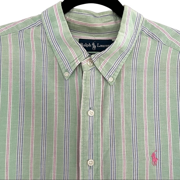 Ralph Lauren Mens Classic Cut Long Sleeve Green Striped Shirt Size XXL - Picture 2 of 7